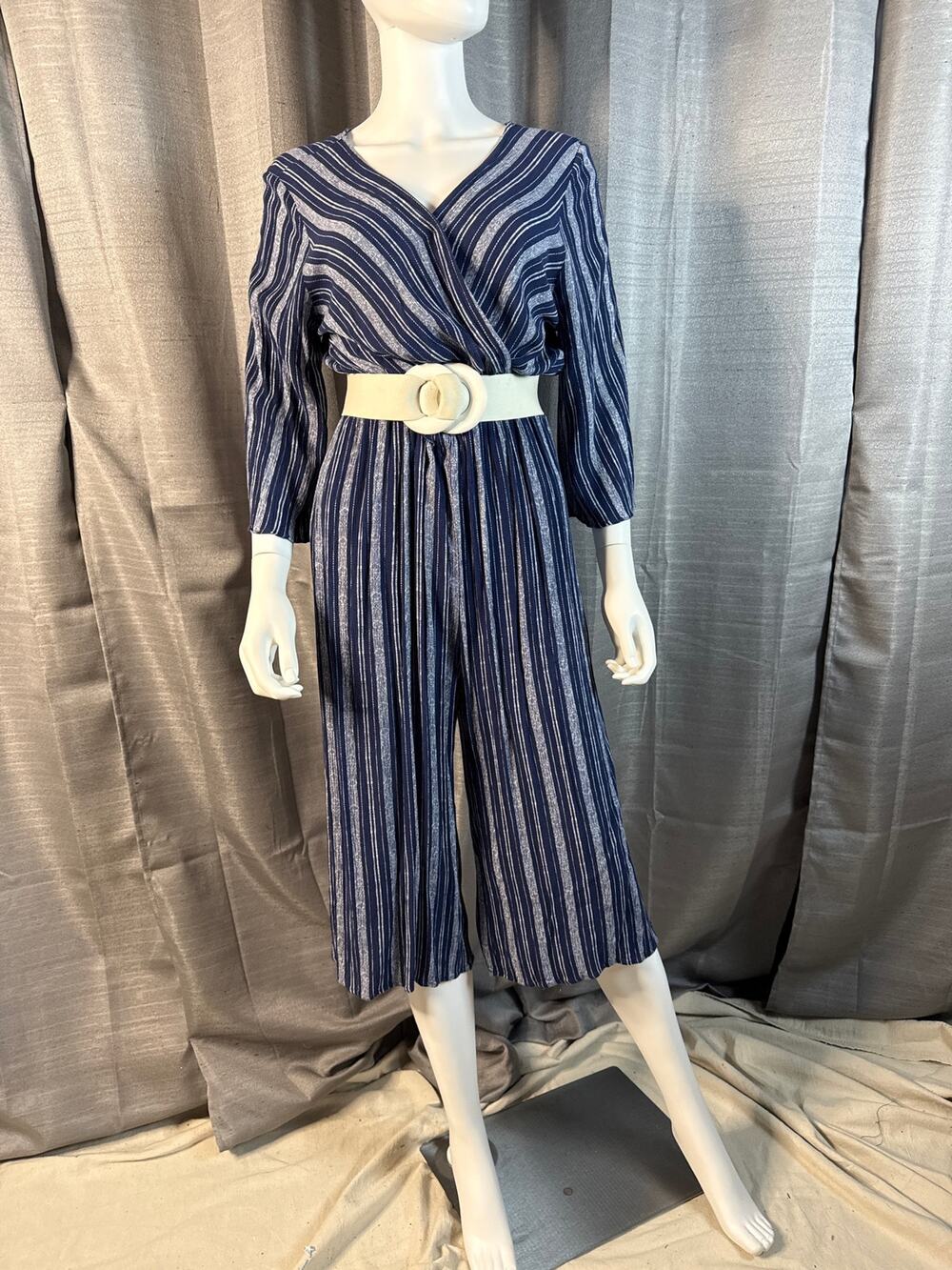Vintage Navy Pinstriped Gauze Jumpsuit Sz M-L